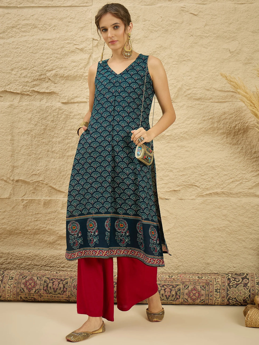 Teal Viscose Rayon Ethnic Motif Printed A-Line Pocket Kurta With Palazzo