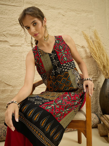 Black Viscose Rayon Ethnic Motif Printed A-Line Pocket Kurta With Palazzo