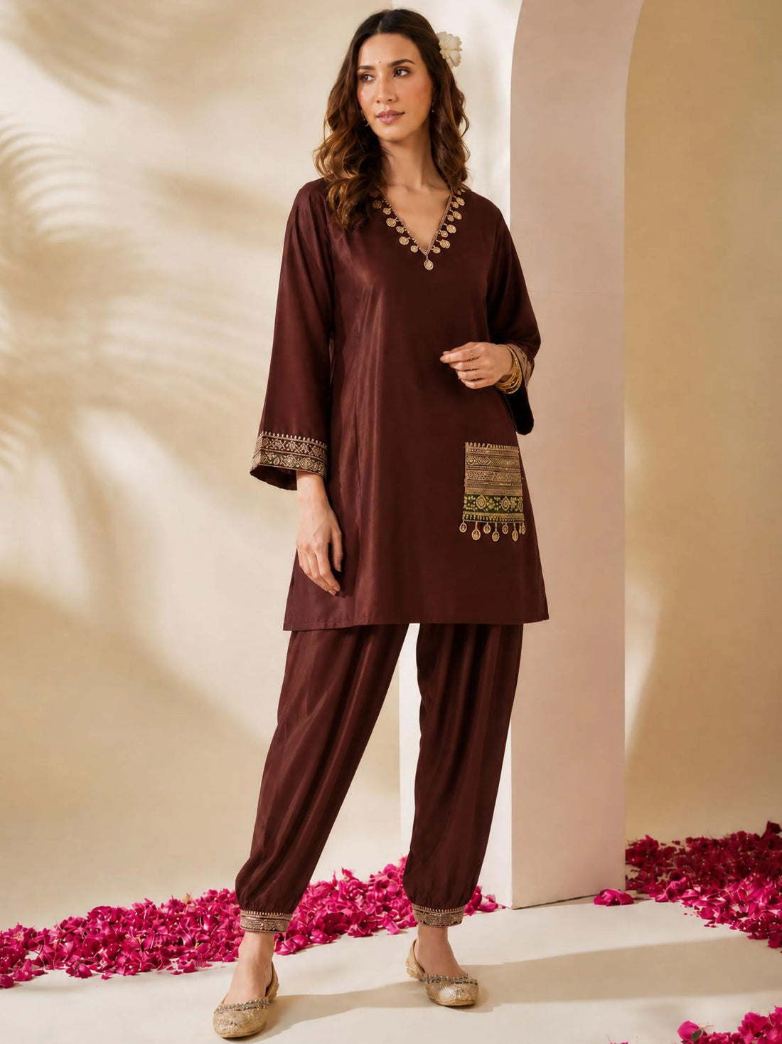 Rust Cotton Silk Solid Mirror Work & Pocket Embroidery Straight Kurta With Salwar