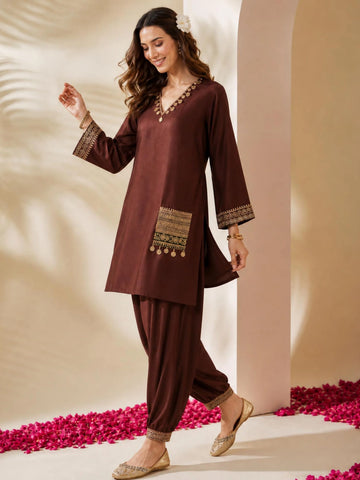 Rust Cotton Silk Solid Mirror Work & Pocket Embroidery Straight Kurta With Salwar