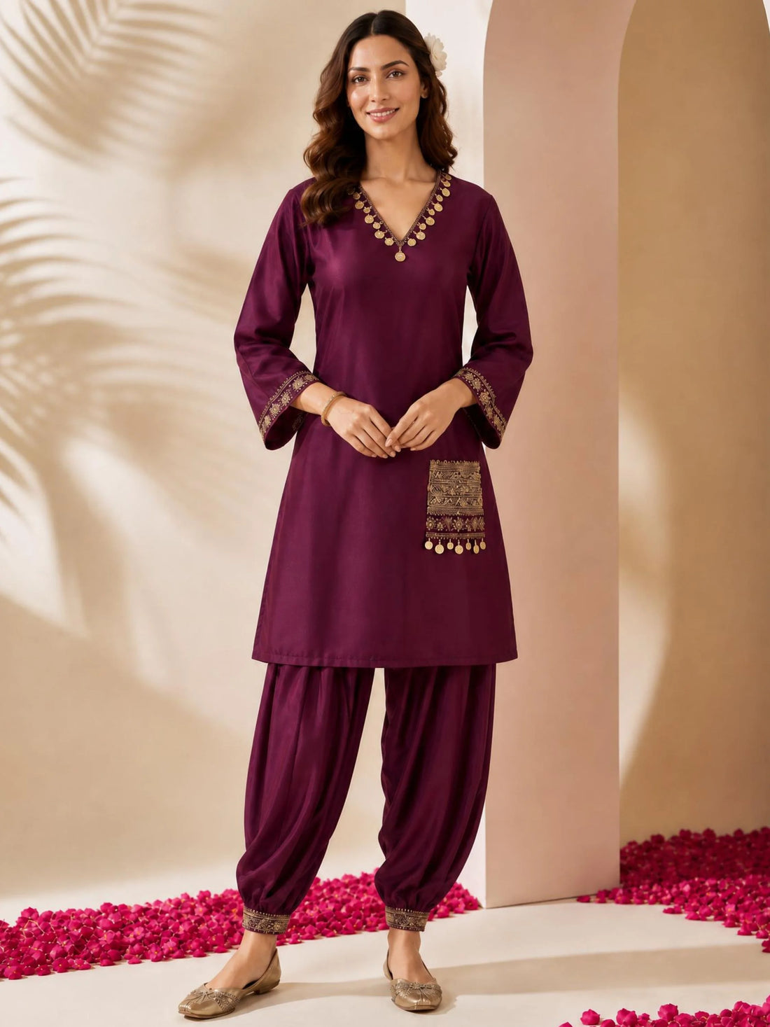Wine Cotton Silk Solid Mirror Work & Pocket Embroidery Straight Kurta With Salwar