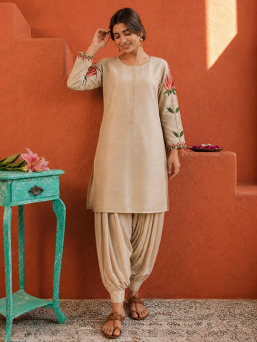 Beige Cotton Silk Embroidered Straight Kurti With Salwar Set