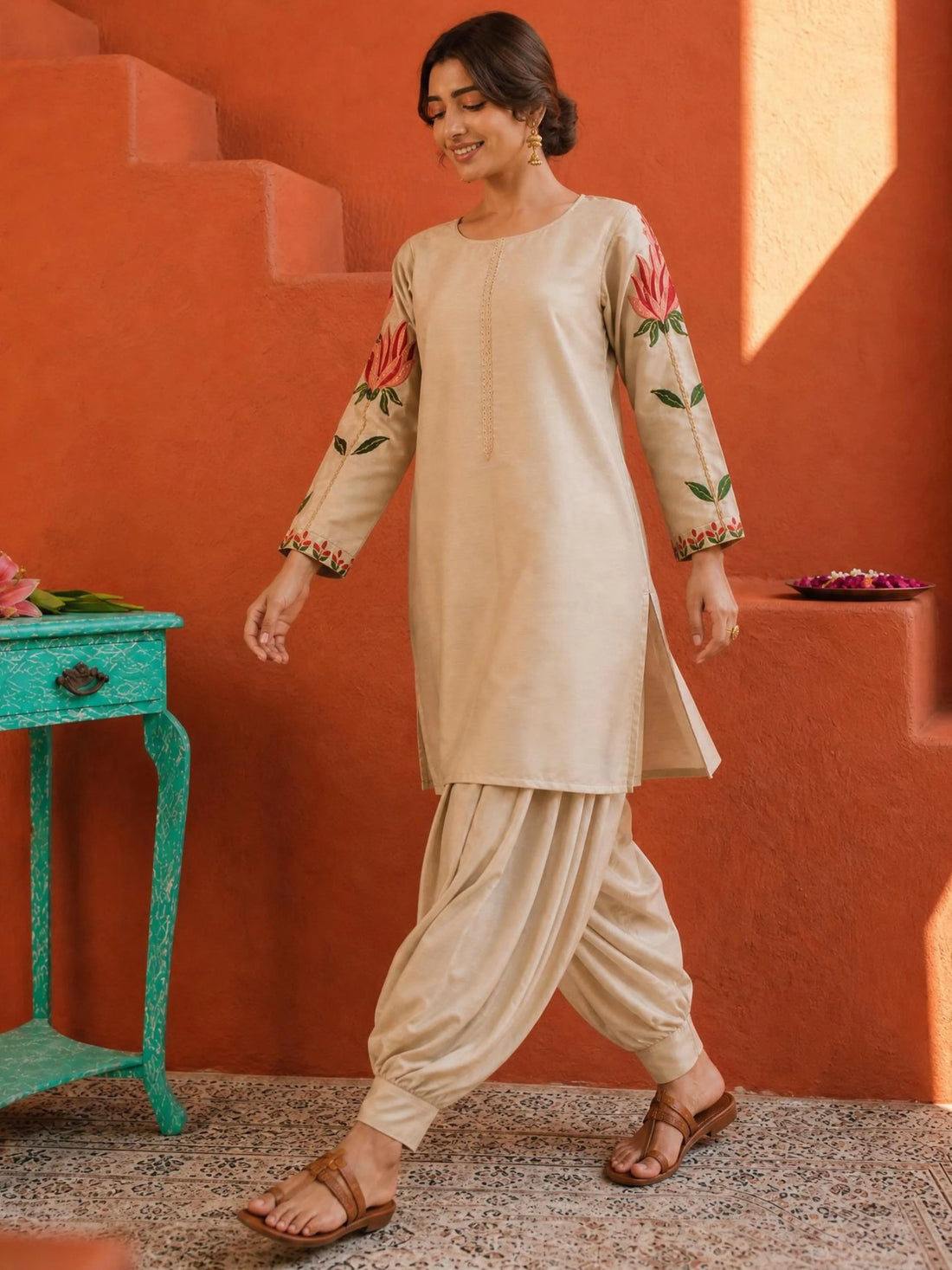 Beige Cotton Silk Embroidered Straight Kurti With Salwar Set