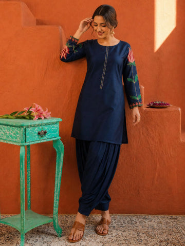 Navy Blue Cotton Silk Embroidered Straight Kurti With Salwar Set
