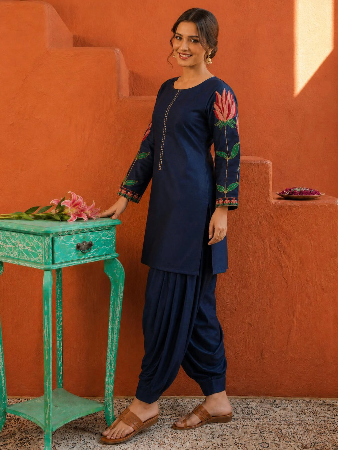 Navy Blue Cotton Silk Embroidered Straight Kurti With Salwar Set