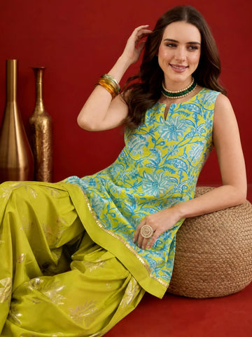 Green Cotton Silk Printed & Foil Print Kurta with Farshi salwar set | Festive kurta set