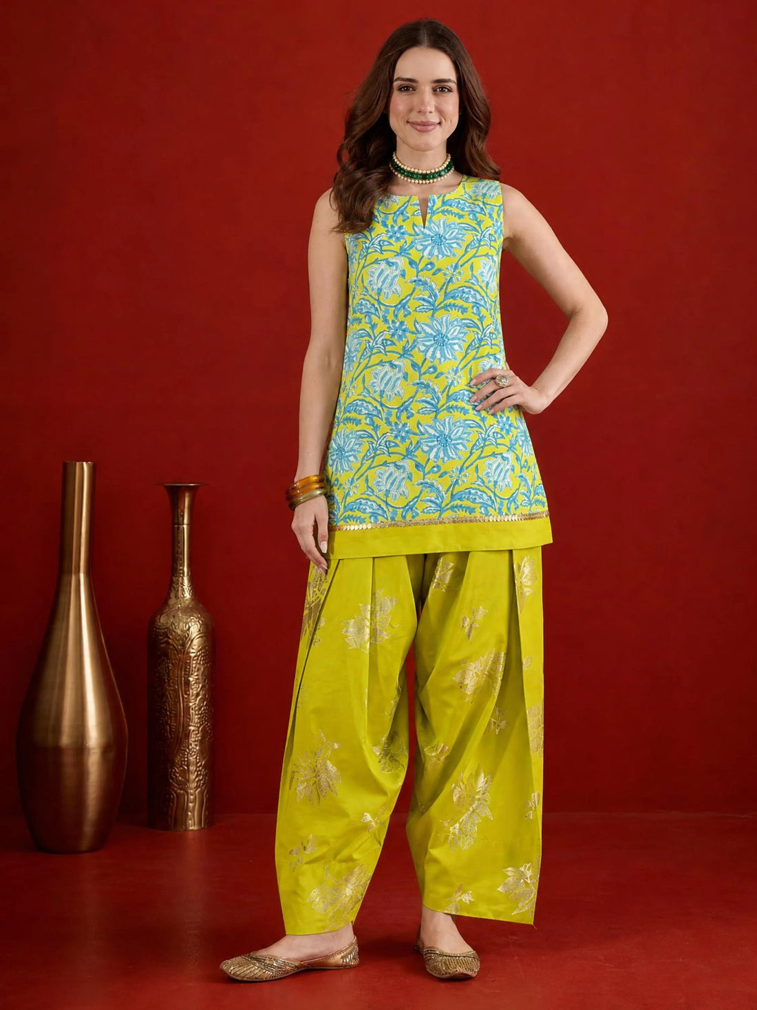 Green Cotton Silk Printed & Foil Print Kurta with Farshi salwar set | Festive kurta set