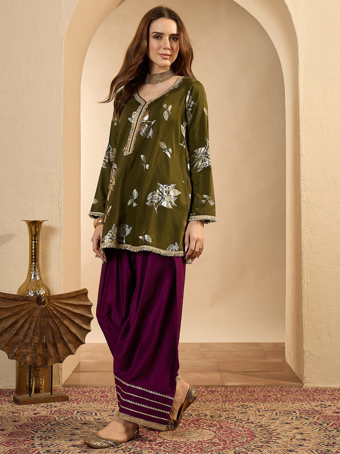 Green Cotton Silk Foil Printed A Line Kurta Wtih Farshi Salwar Set