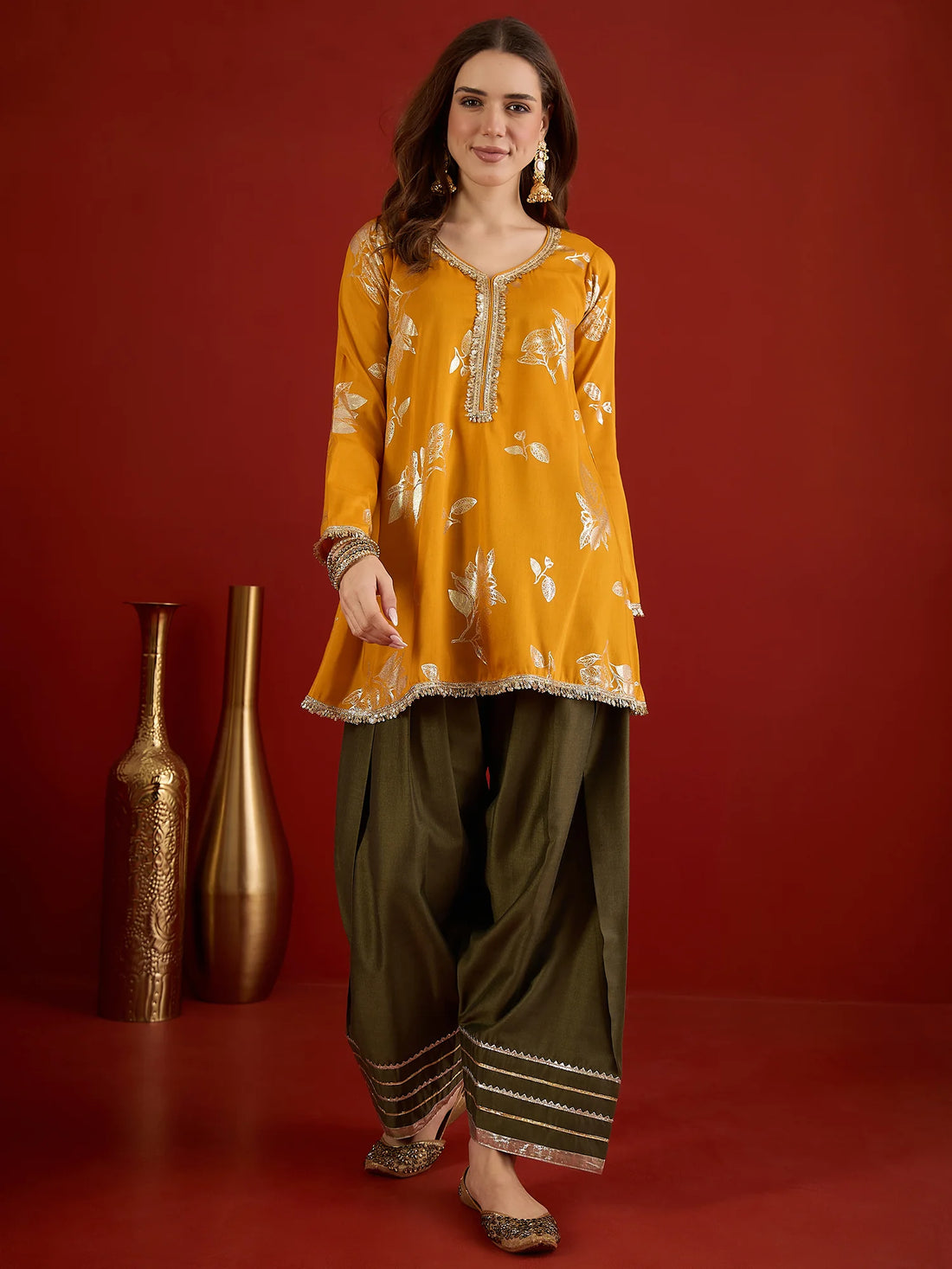 Mustard Cotton Silk Foil Printed A Line Kurta Wtih Farshi Salwar Set