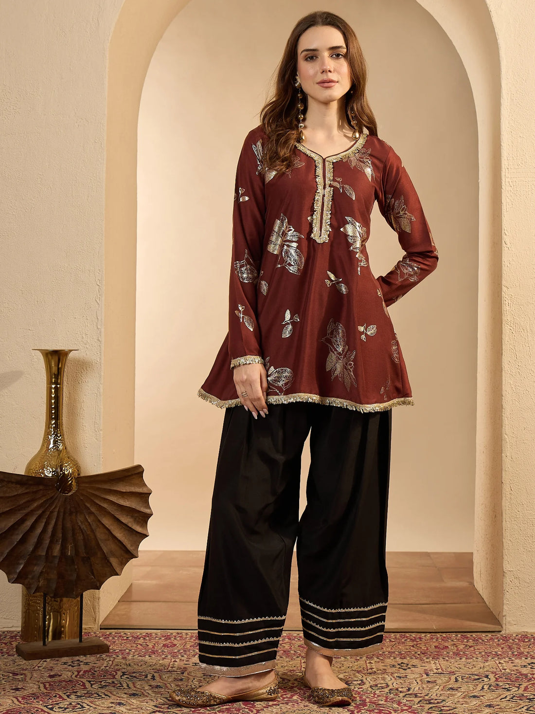 Rust Cotton Silk Foil Printed A Line Kurta Wtih Farshi Salwar Set