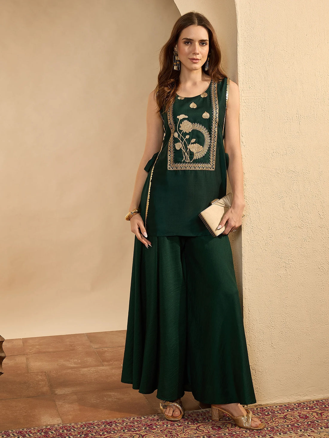 Green Cotton Silk Embroidered Straight Sleeveless Kurti with Umbrella Palazzo Set