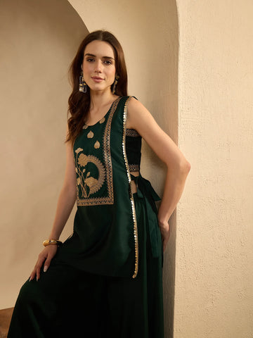 Green Cotton Silk Embroidered Straight Sleeveless Kurti with Umbrella Palazzo Set