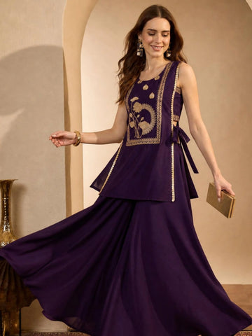 Wine Cotton Silk Embroidered Straight Sleeveless Kurti with Umbrella Palazzo Set