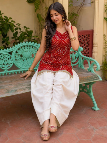 Red Rayon Miror Lace Work Printed Short Kurti With Farshi Salwar Set Navratri Wear