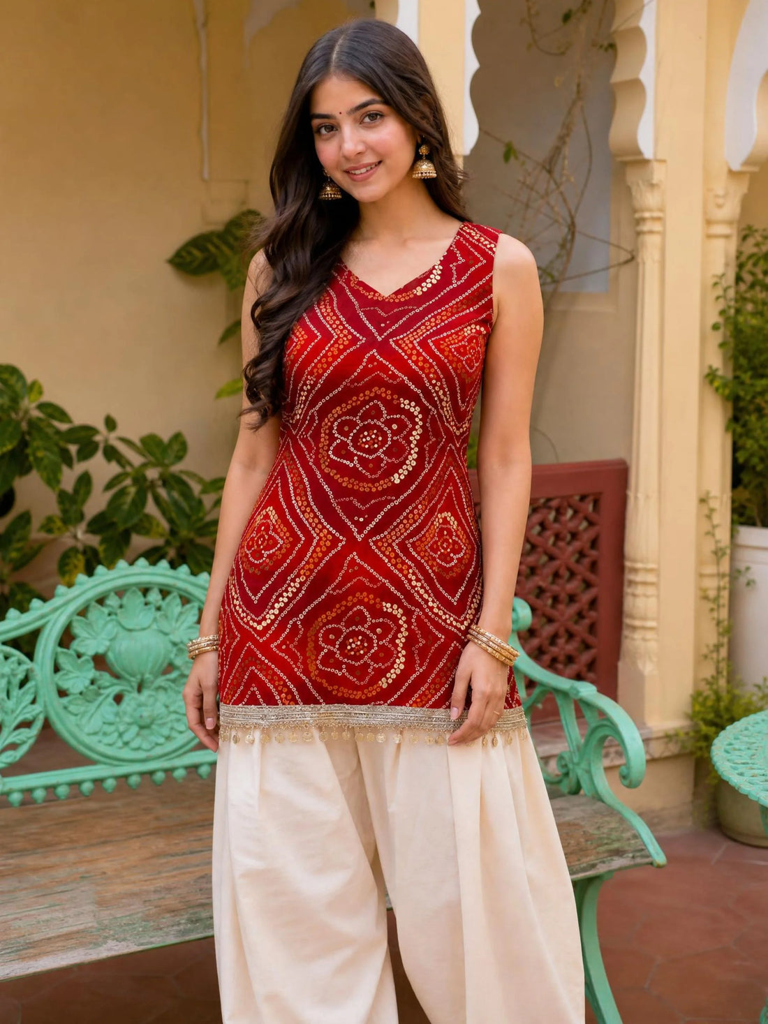 Red Rayon Miror Lace Work Printed Short Kurti With Farshi Salwar Set Navratri Wear