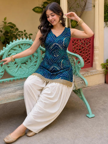 Teal Blue Rayon Miror Lace Work Printed Short Kurti With Farshi Salwar Set Navratri Wear