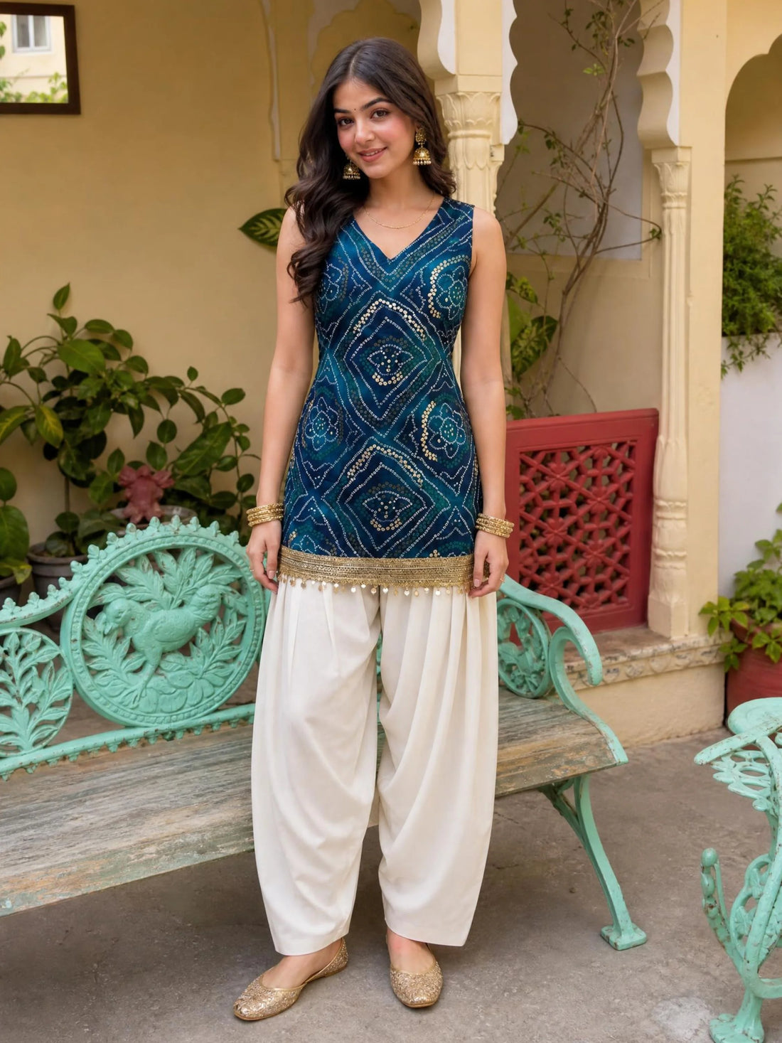 Teal Blue Rayon Miror Lace Work Printed Short Kurti With Farshi Salwar Set Navratri Wear