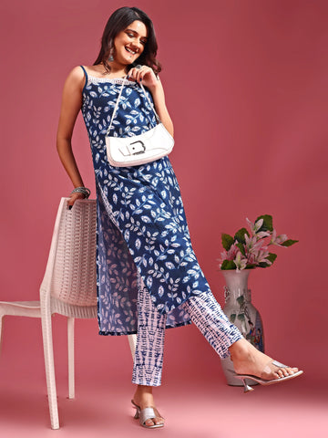 Navy Blue Cotton Blend Strappy Printed Kurta Palazzo Set