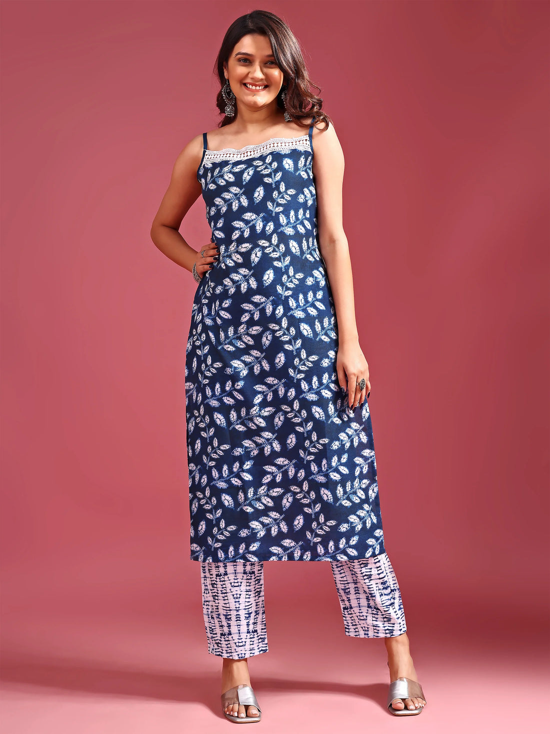 Navy Blue Cotton Blend Strappy Printed Kurta Palazzo Set