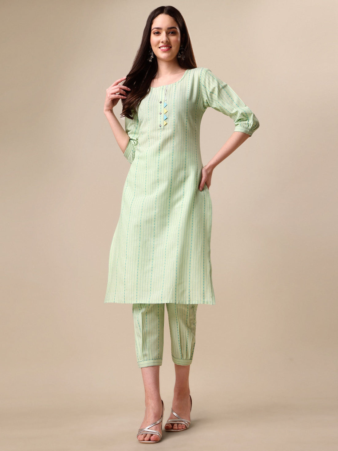 Cotton Blend Women's Striped Work Straight Kurta With Pant