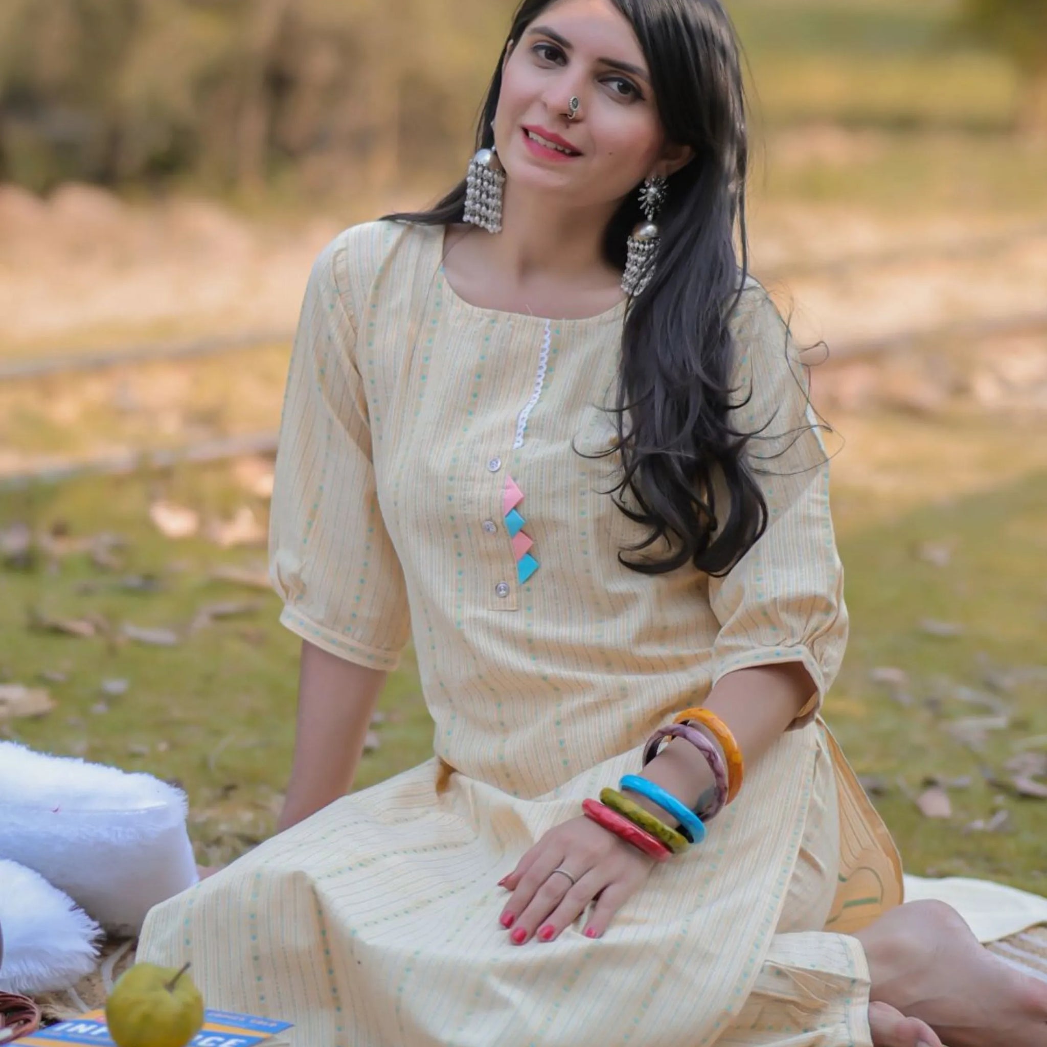 Light Yellow Cotton Blend Women's Striped Work Straight Kurta With Pant