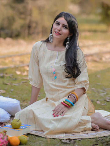 Light Yellow Cotton Blend Women's Striped Work Straight Kurta With Pant