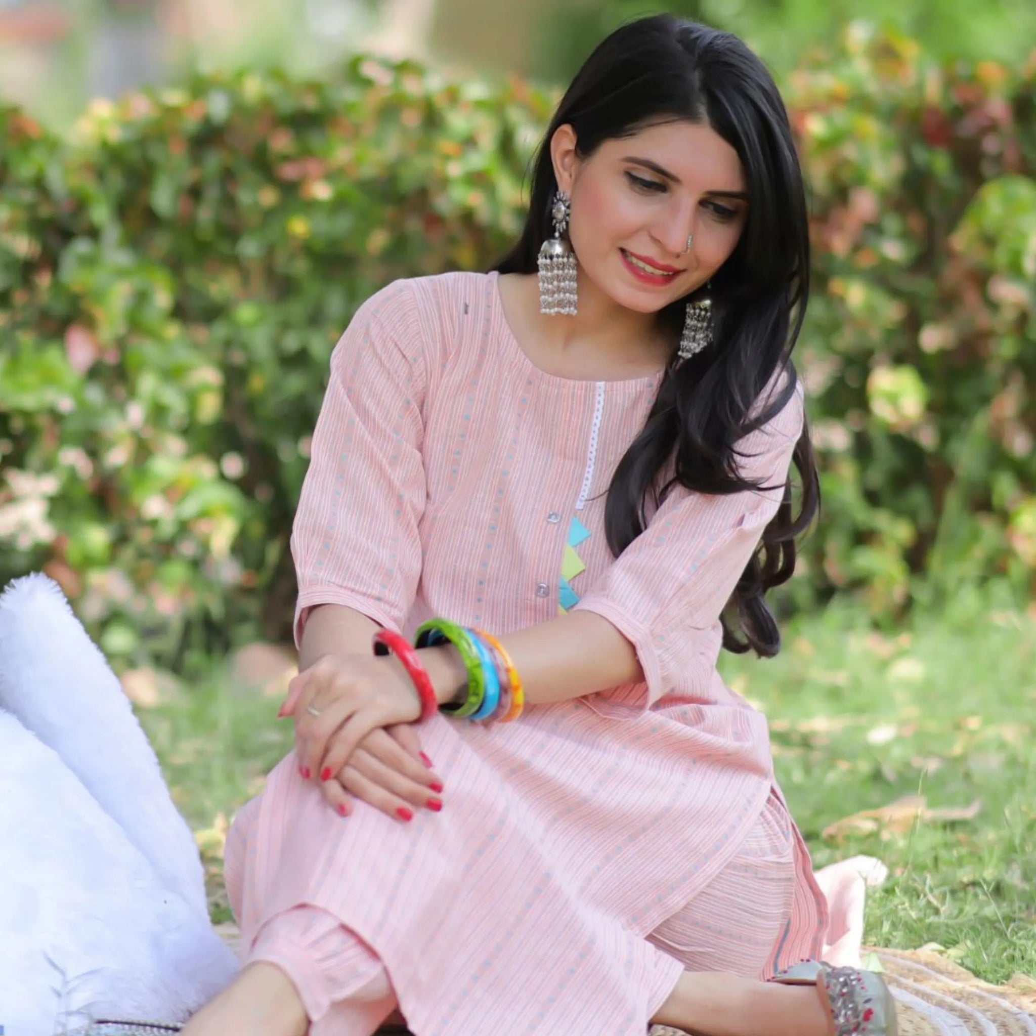 Cotton Blend Women's Striped Work Straight Kurta With Pant
