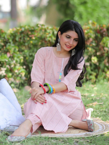 Cotton Blend Women's Striped Work Straight Kurta With Pant