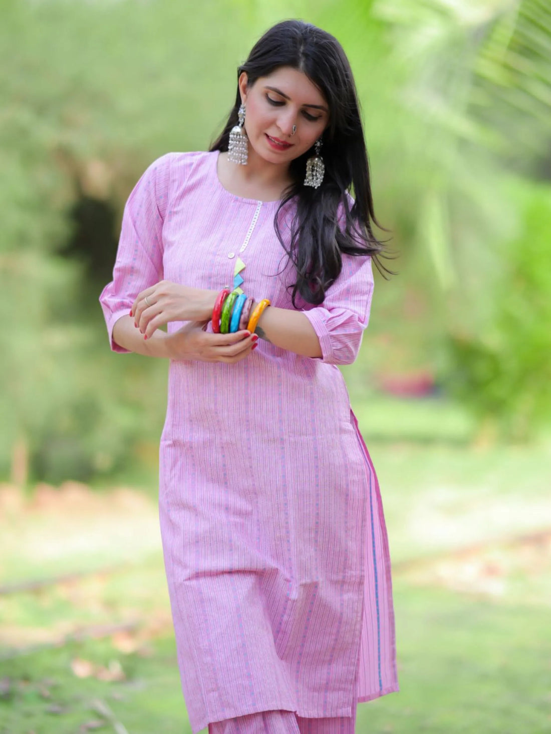 Pink Cotton Blend Striped Work Straight Kurta With Pant