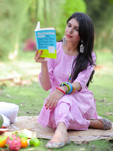 Pink Cotton Blend Striped Work Straight Kurta With Pant