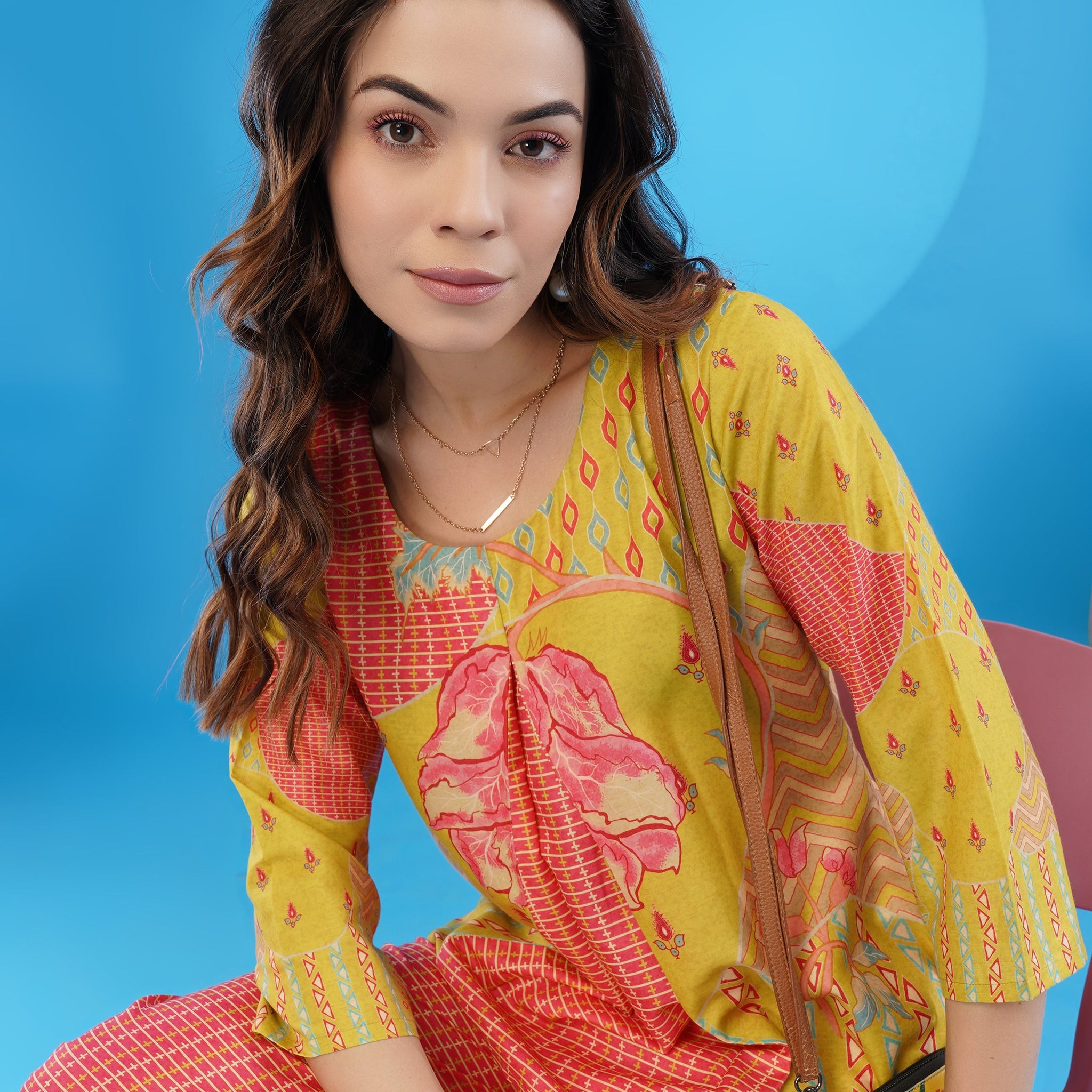 Green and Pink Cotton Blend Printed Co-ords Set