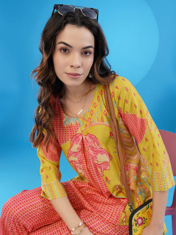 Green and Pink Cotton Blend Printed Co-ords Set