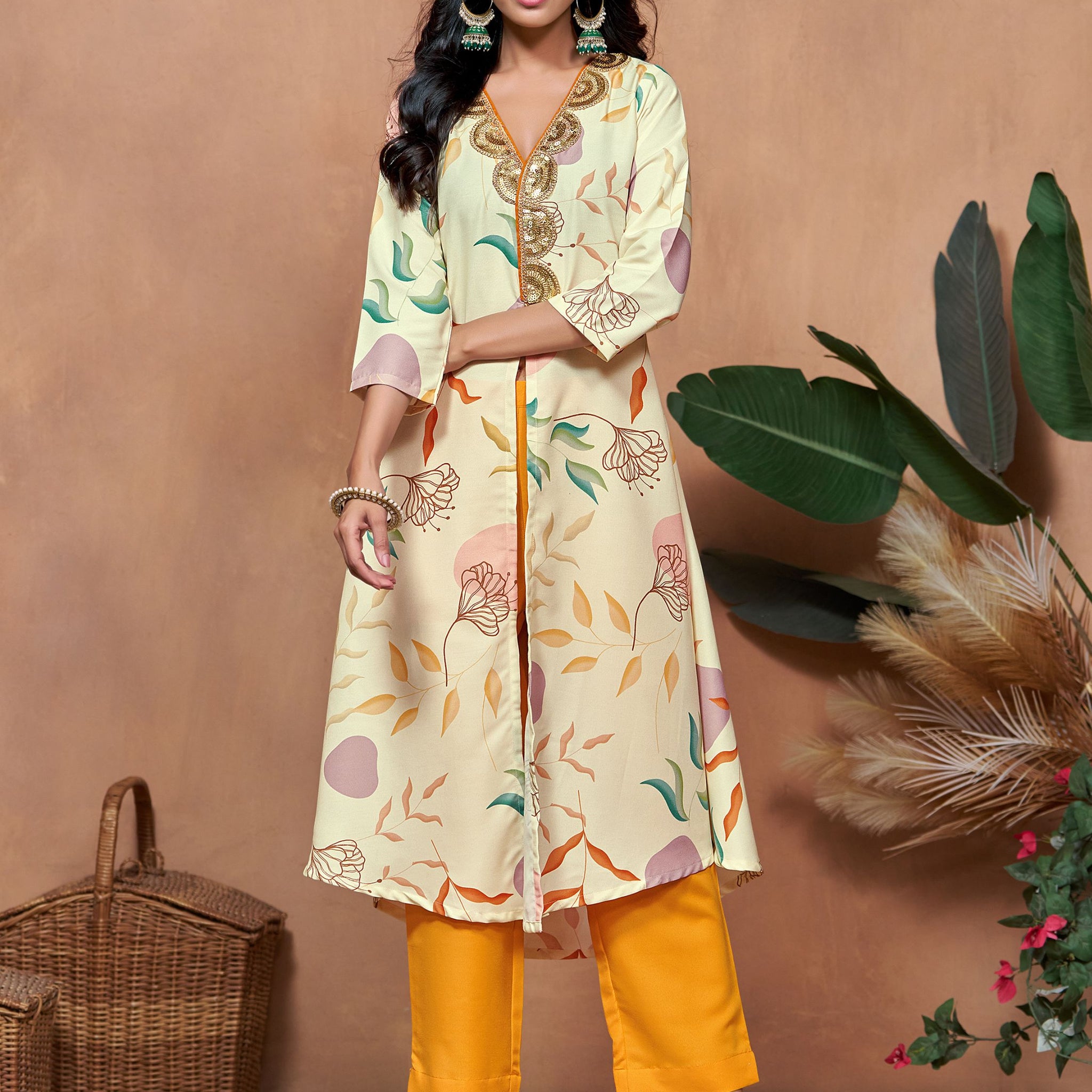 Poly Rayon Embroidered And Floral Print Front Slit A-line Kurta And Pant set