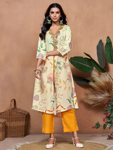 Poly Rayon Embroidered And Floral Print Front Slit A-line Kurta And Pant set