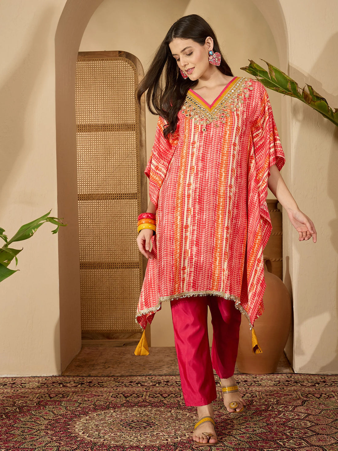 Red Viscose Rayon Mirror Lace Work and Shibori Print Kaftan Co-ords Set