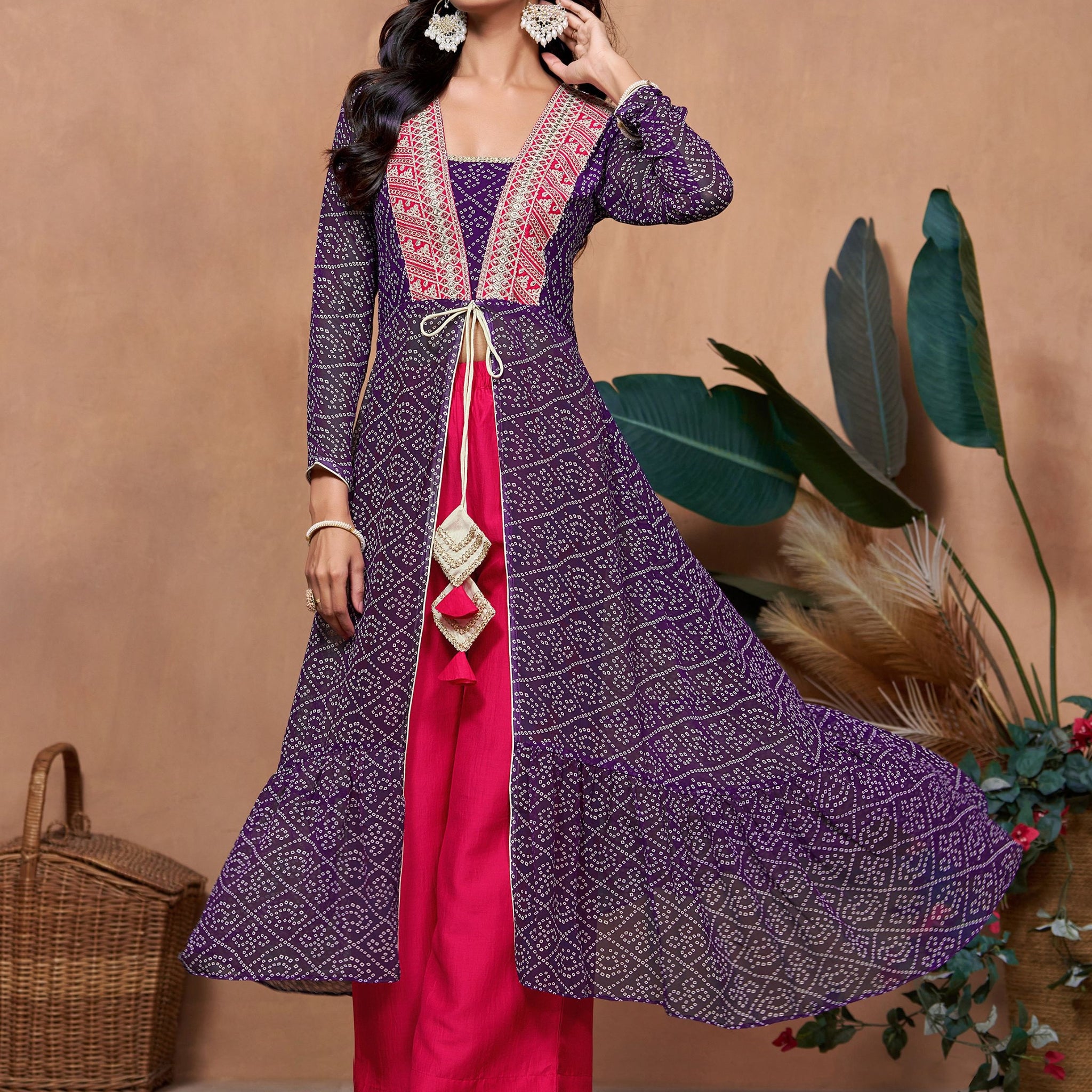 Georgette Bandhani and Embroidered Work Jacket Style Hight Front Slit A-Line Kurta and Palazzo Set