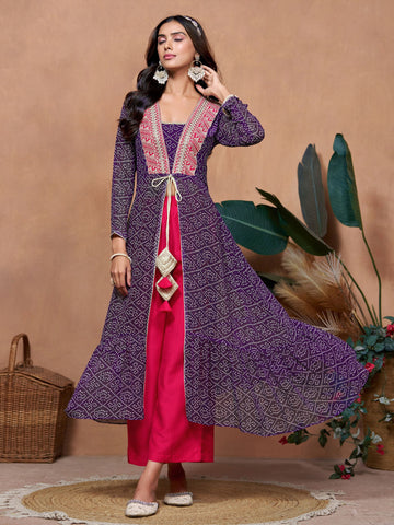 Georgette Bandhani and Embroidered Work Jacket Style Hight Front Slit A-Line Kurta and Palazzo Set