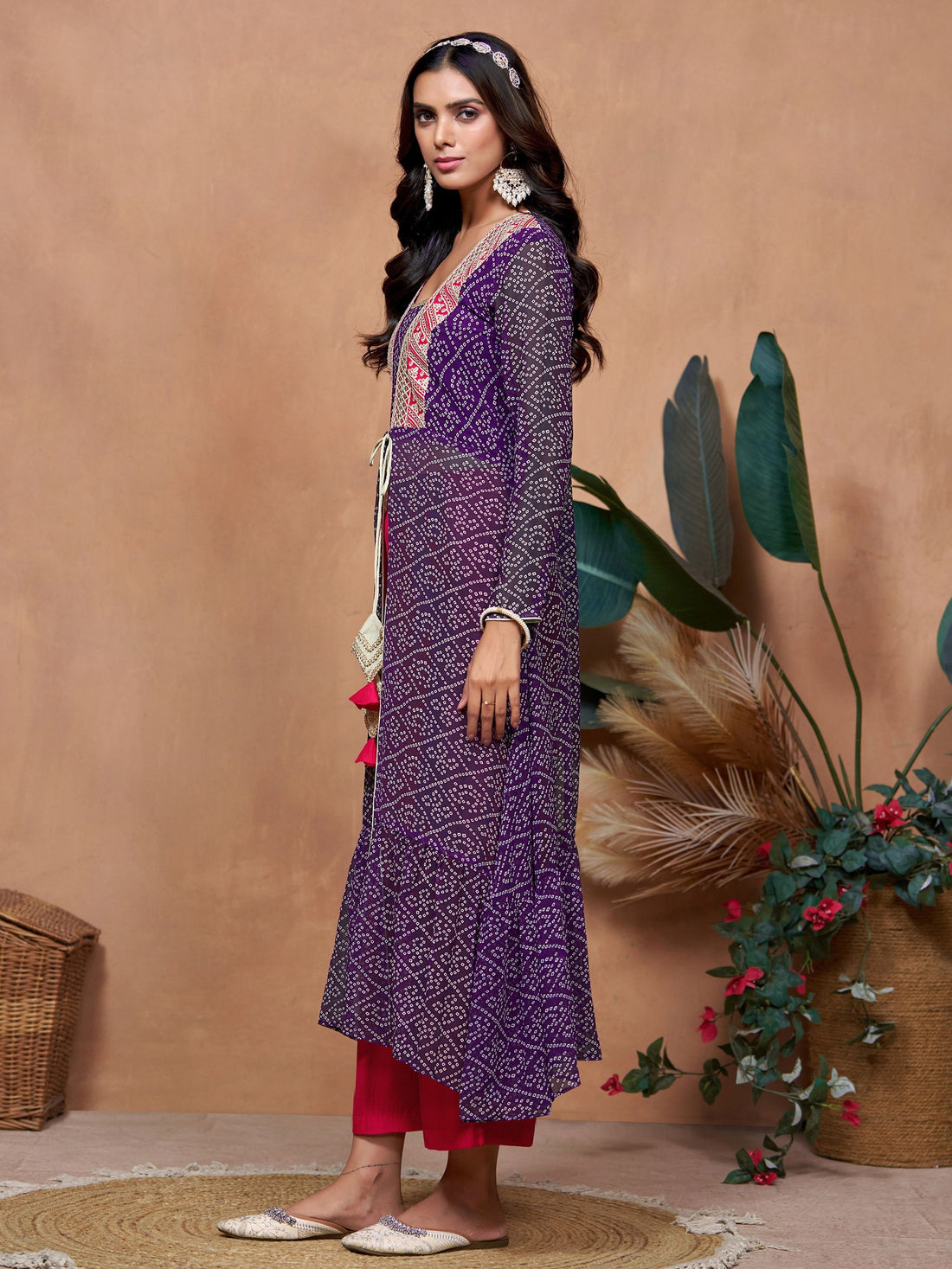 Georgette Bandhani and Embroidered Work Jacket Style Hight Front Slit A-Line Kurta and Palazzo Set