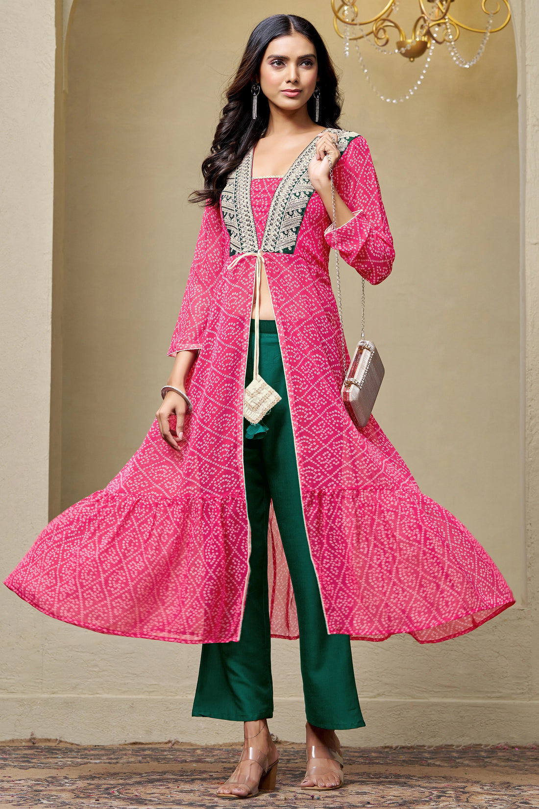 Pink Georgette Bandhani and Embroidered Work Jacket Style Hight Front Slit A-Line Kurta and Palazzo Set
