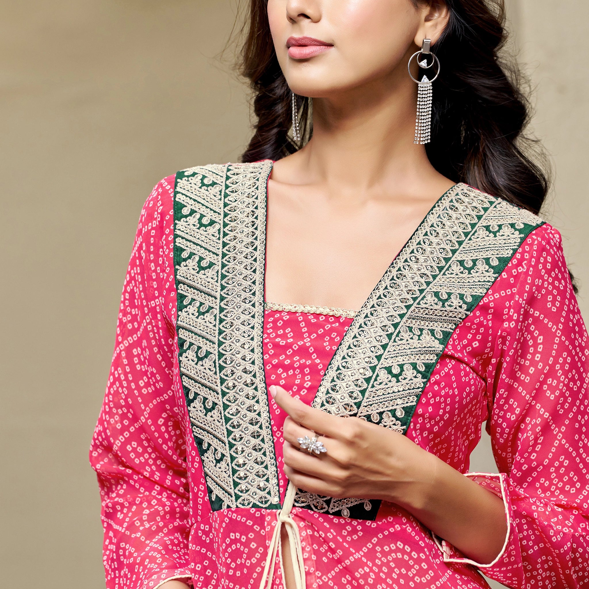 Pink Georgette Bandhani and Embroidered Work Jacket Style Hight Front Slit A-Line Kurta and Palazzo Set