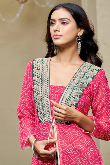 Pink Georgette Bandhani and Embroidered Work Jacket Style Hight Front Slit A-Line Kurta and Palazzo Set