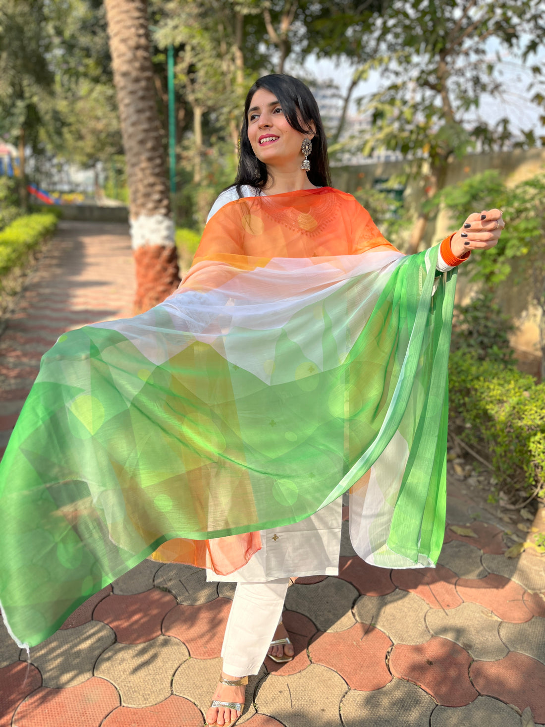 Orange Chiffon Tie & Dye Tricolor Triranga Dupatta