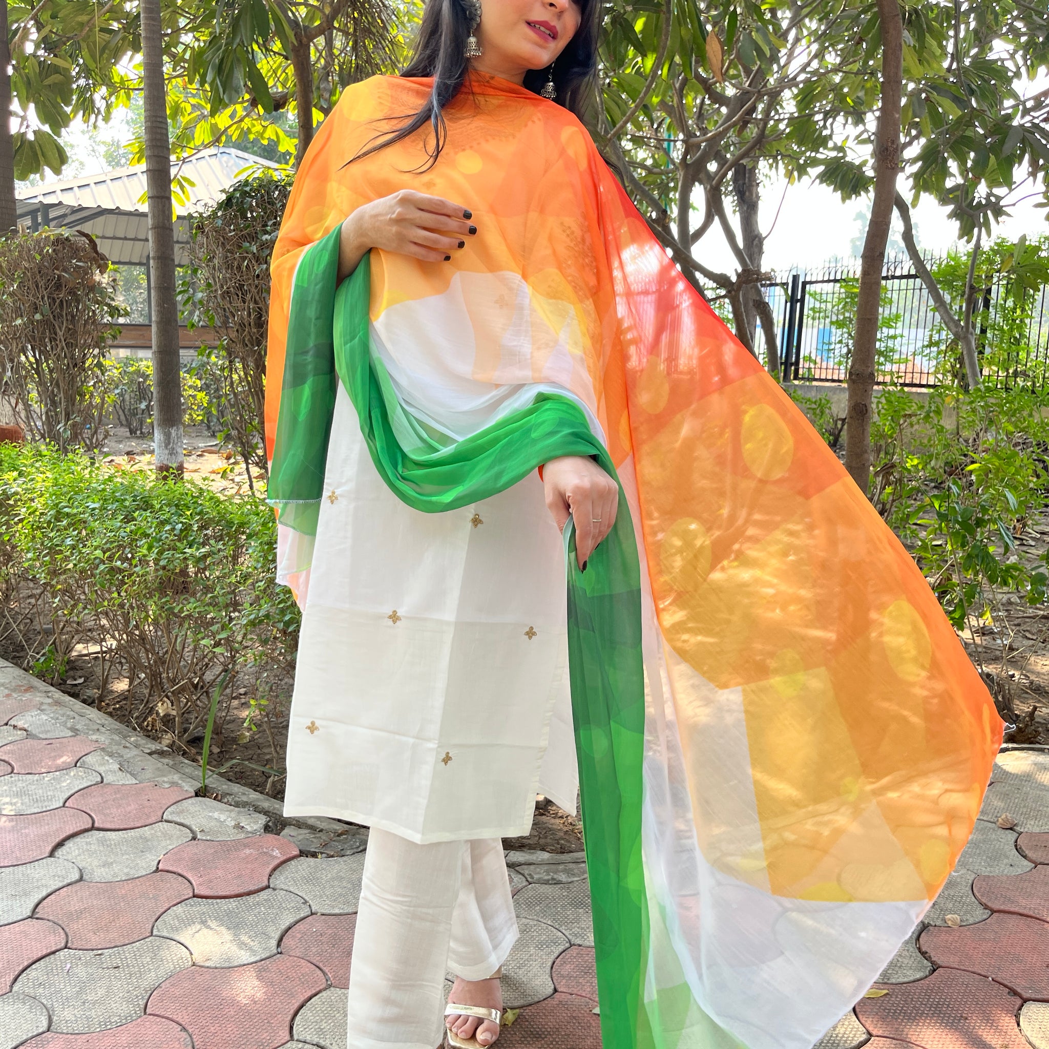 Orange Chiffon Tie & Dye Tricolor Triranga Dupatta