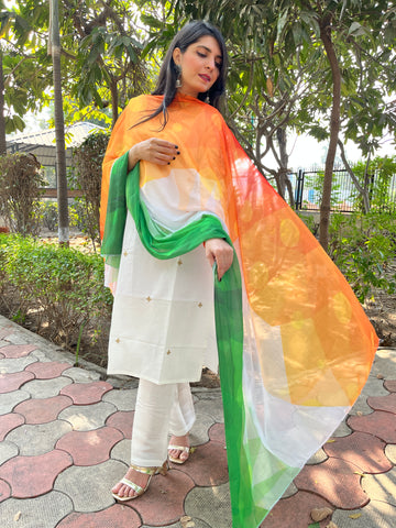 Orange Chiffon Tie & Dye Tricolor Triranga Dupatta