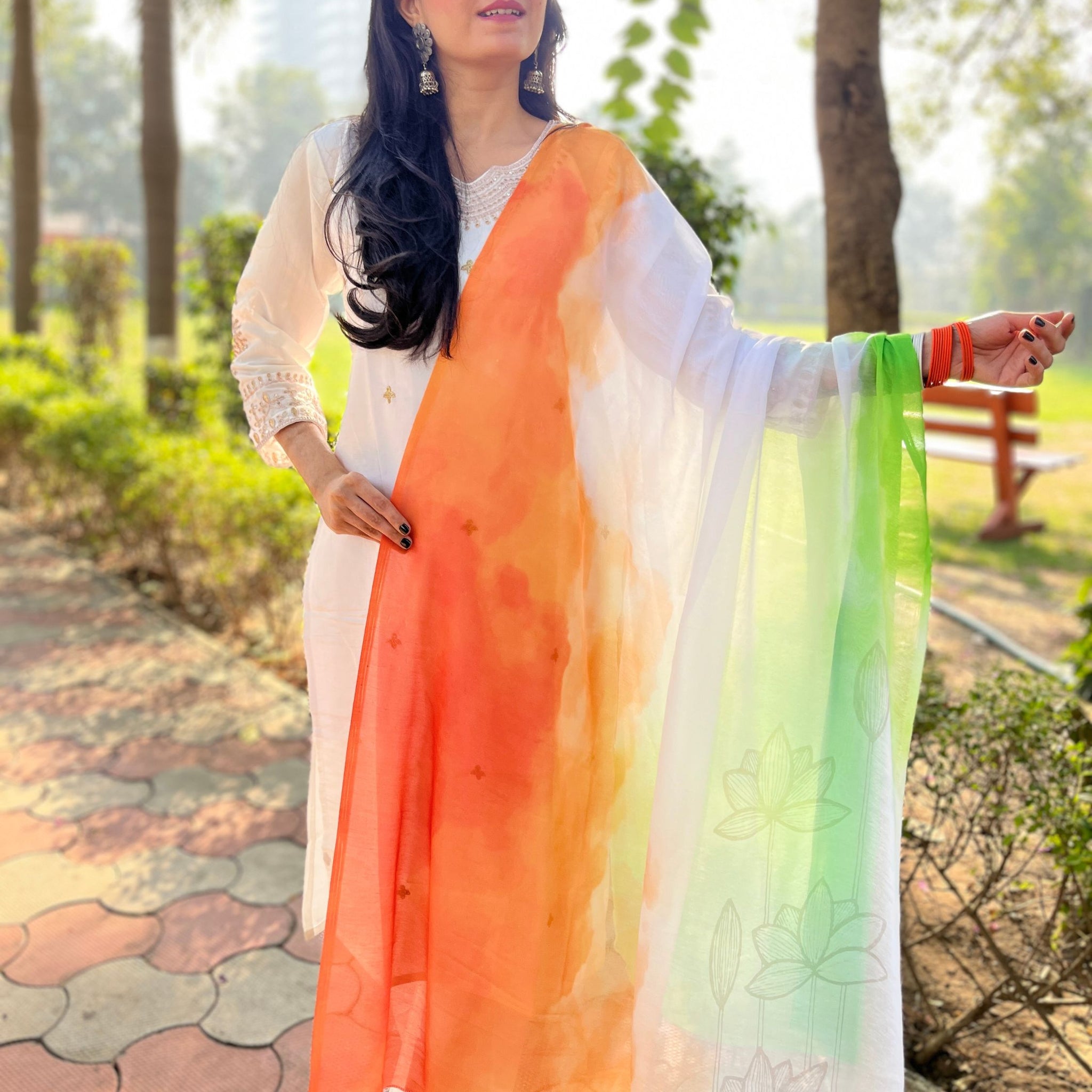 Orange Chiffon Tie & Dye Tricolor Triranga Dupatta