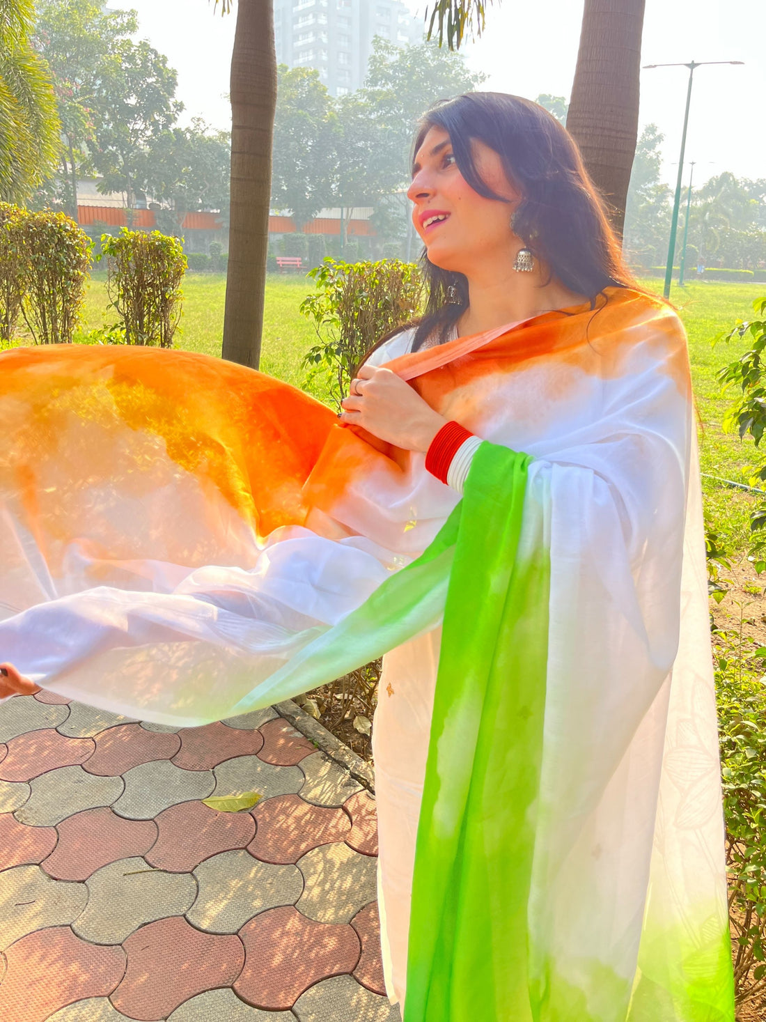Orange Chiffon Tie & Dye Tricolor Triranga Dupatta