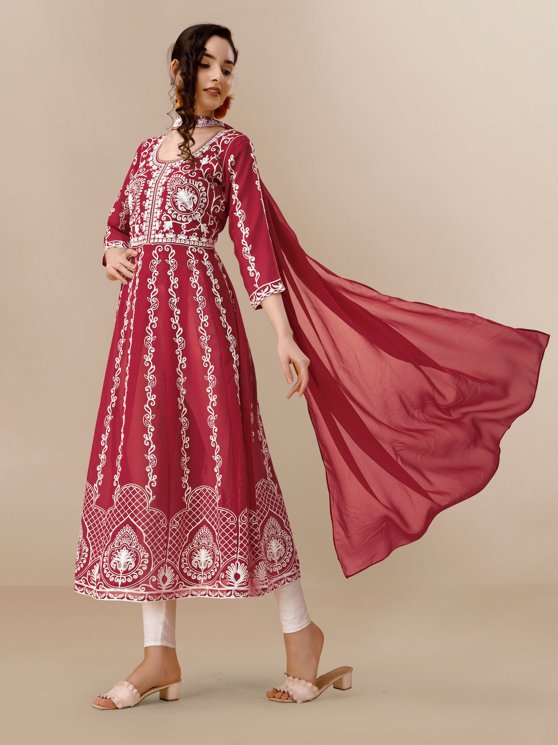 Maroon Georgette Chikankari Embroidery Anarkali Kurta and Dupatta Set