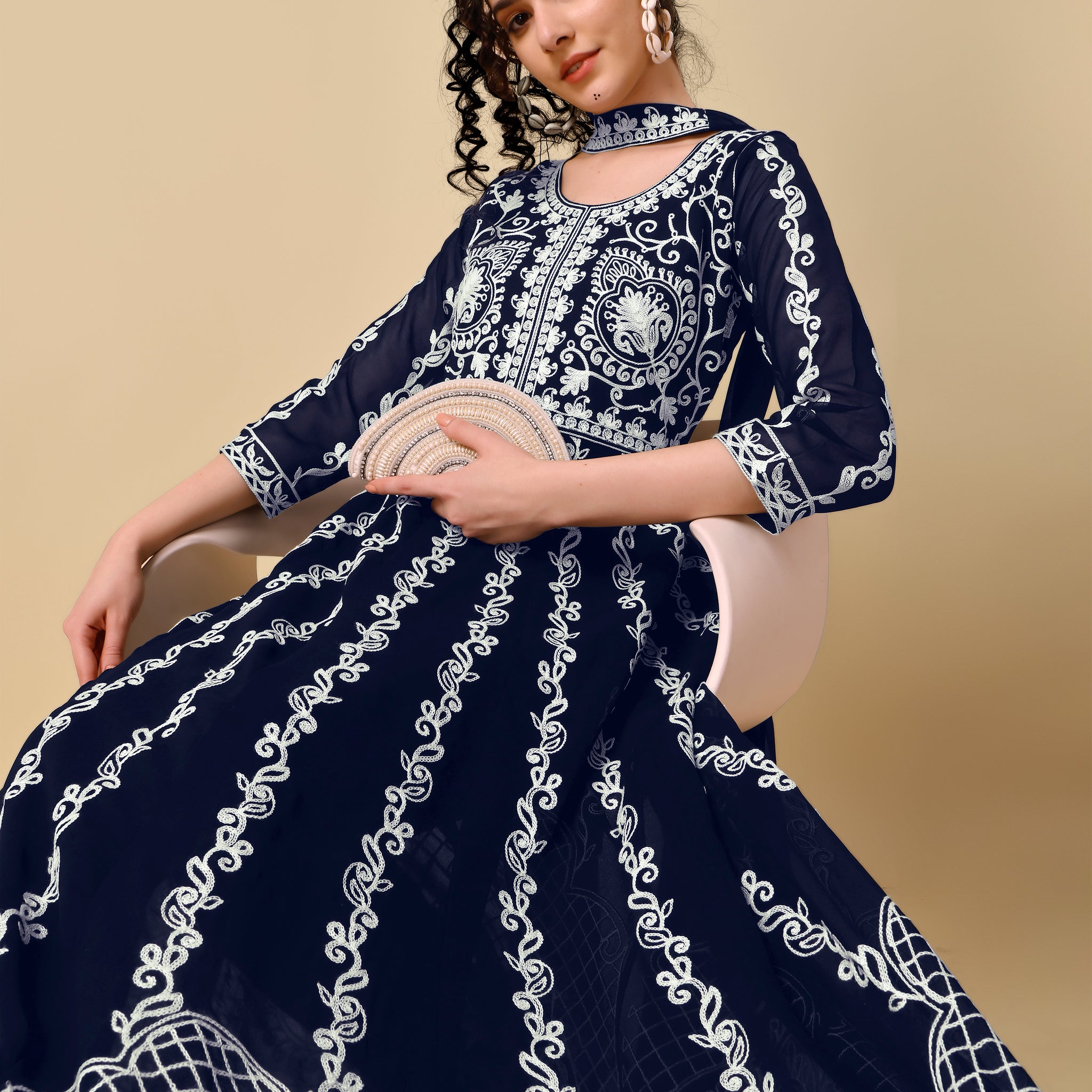 Navy Blue Georgette Chikankari Embroidery Anarkali Kurta and Dupatta Set