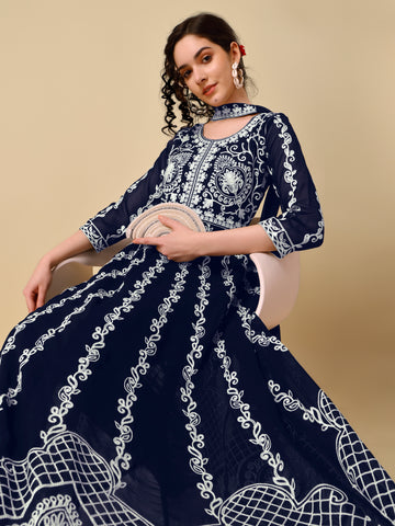 Navy Blue Georgette Chikankari Embroidery Anarkali Kurta and Dupatta Set