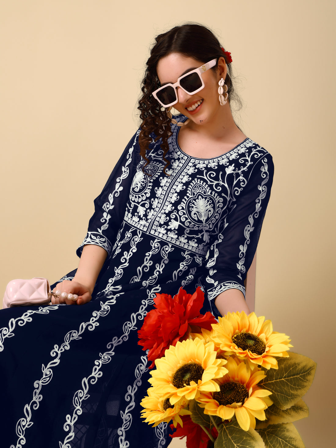 Navy Blue Georgette Chikankari Embroidery Anarkali Kurta and Dupatta Set